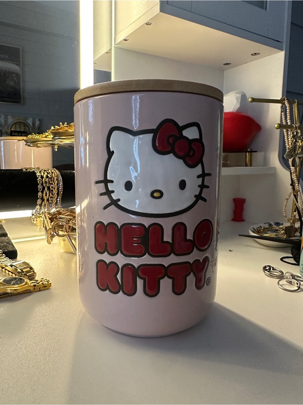 Sanrio Hello Kitty Pink Ceramic Coin Jar with Red Accents